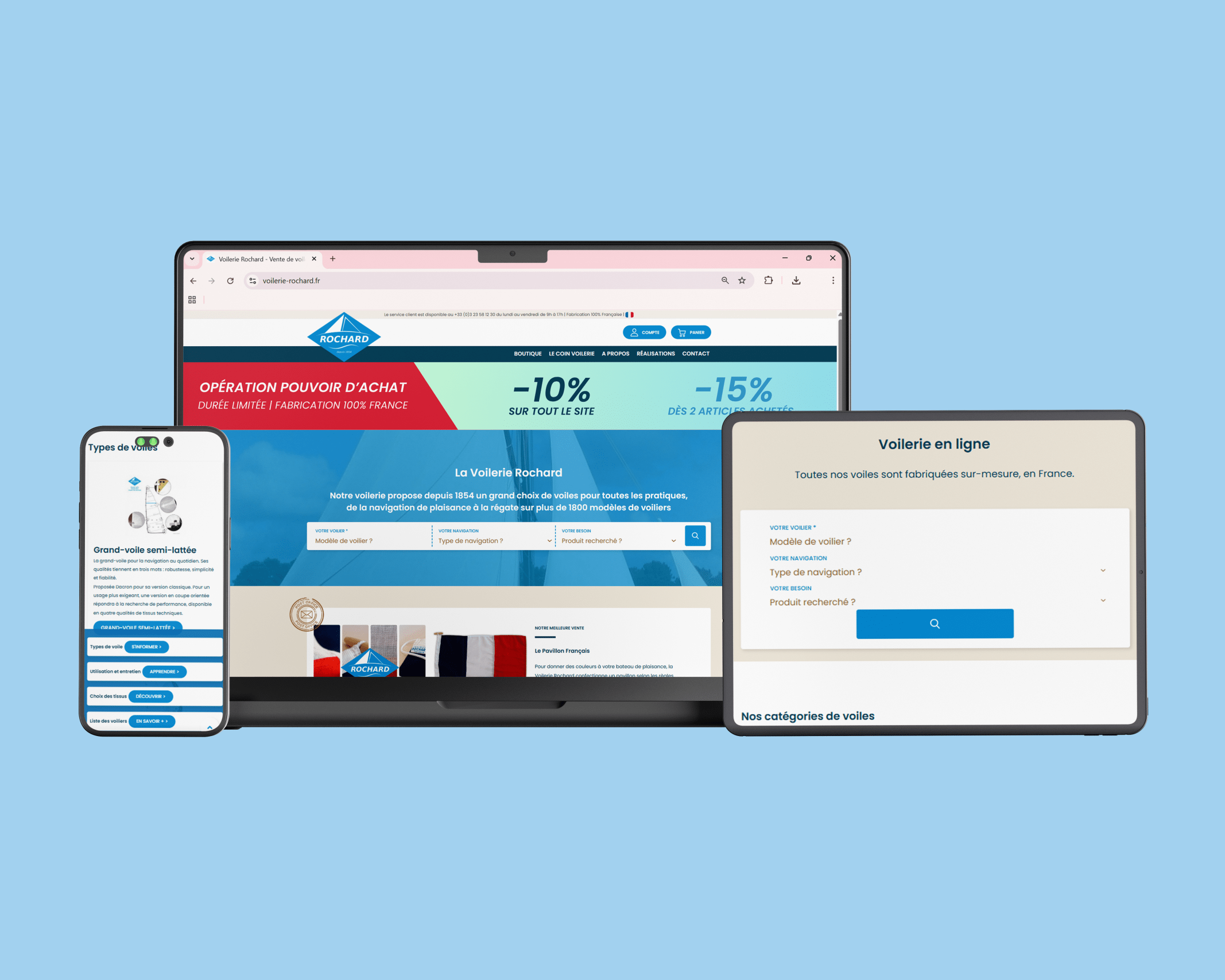Screenshot showing a responsive website design across phone, tablet and laptop on a blue background, featuring a sailing brand banner and navigation.