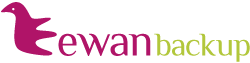 Logo for Ewan backup: pink bird icon followed by the words 'ewan backup' with 'ewan' in pink and 'backup' in green.