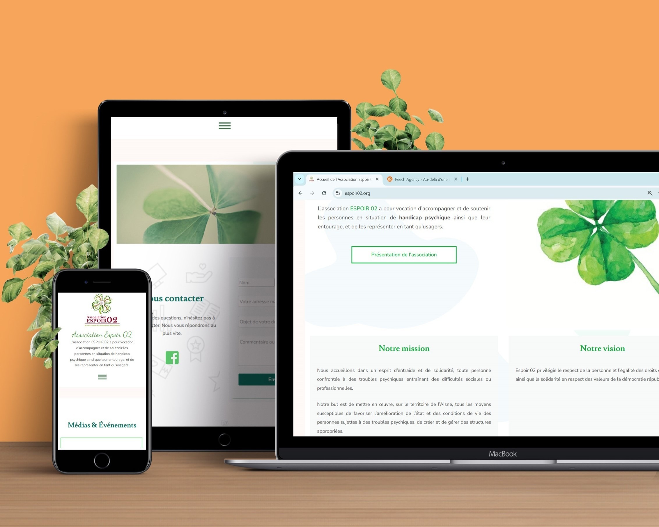 Multiple devices (phone, tablet, laptop) show a green-themed nonprofit website on an orange background with leafy plants.